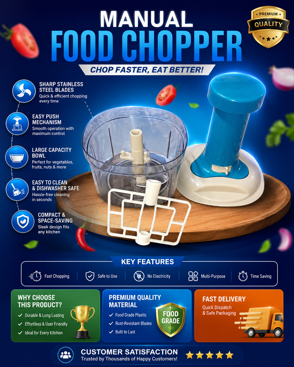 Premium Push Chopper & Vegetable Cutter – Fast Manual Food Processor for Kitchen