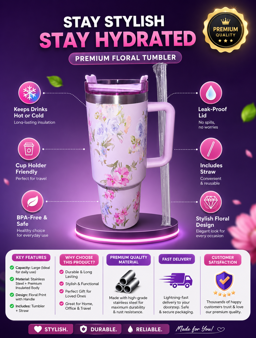 Aesthetic Floral Travel Tumbler 💜🌸