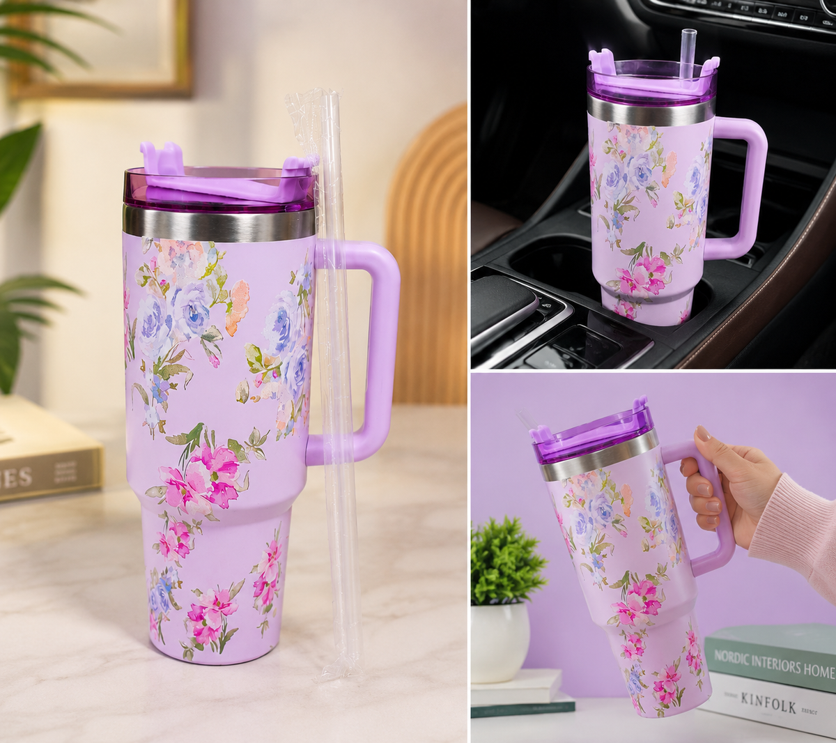 Aesthetic Floral Travel Tumbler 💜🌸